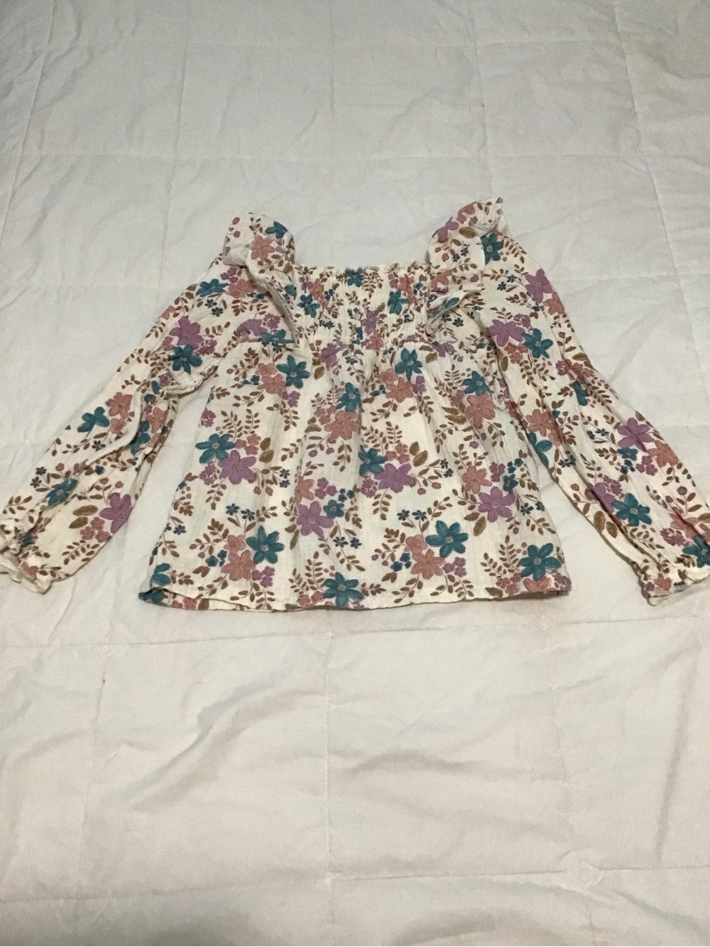Carter's Cream Floral Smocked Off-Shoulder Blouse with Pink & Teal Flowers 6